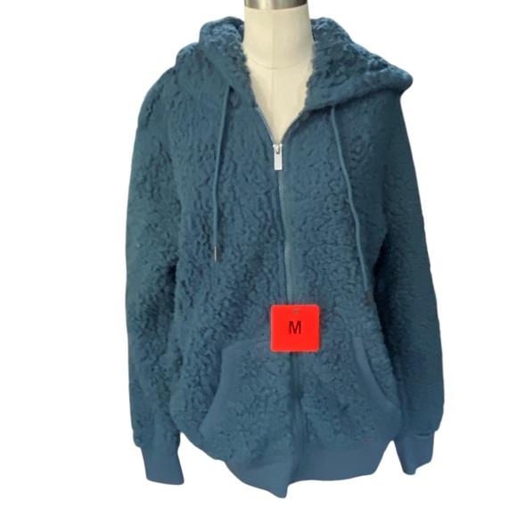 Andrew Marc Blue Teddy Sherpa fleece full zip Jacket with hood NEW Size MEDIUM - Picture 1 of 9